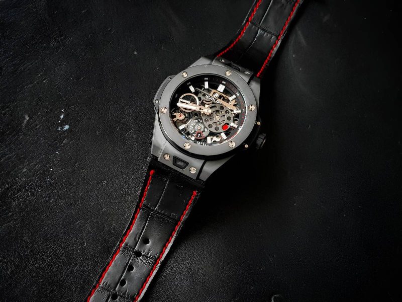 Black Croco Strap on Hublot Big Bang 45 Meca-10 (amal) by Gunny Straps