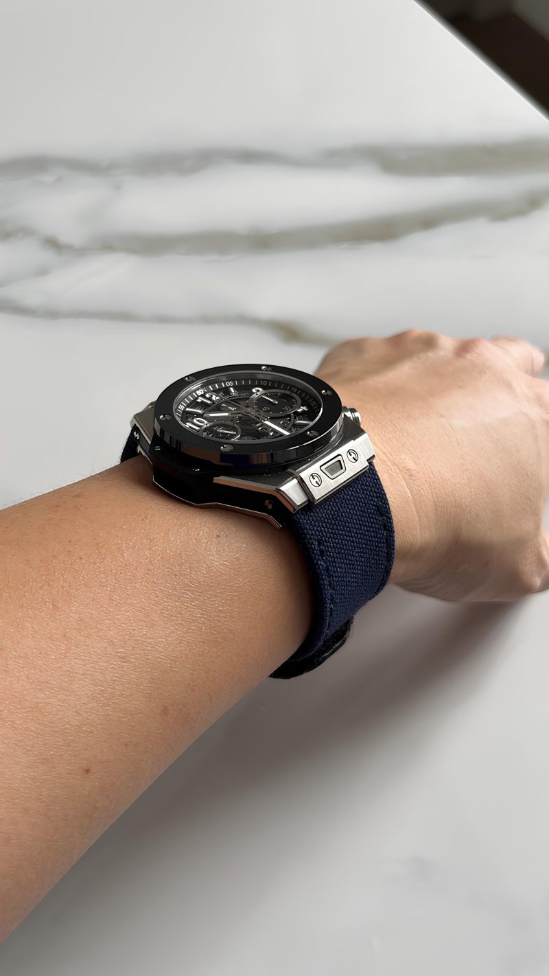 Canvas Navy Blue Strap with Hook & Loop on Hublot Unico 42 Emil by Gunny Straps