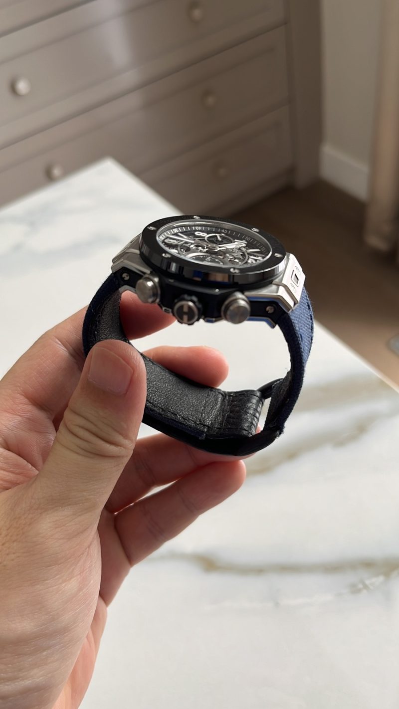 Canvas Navy Blue Strap with Hook & Loop on Hublot Unico 42 Emil by Gunny Straps