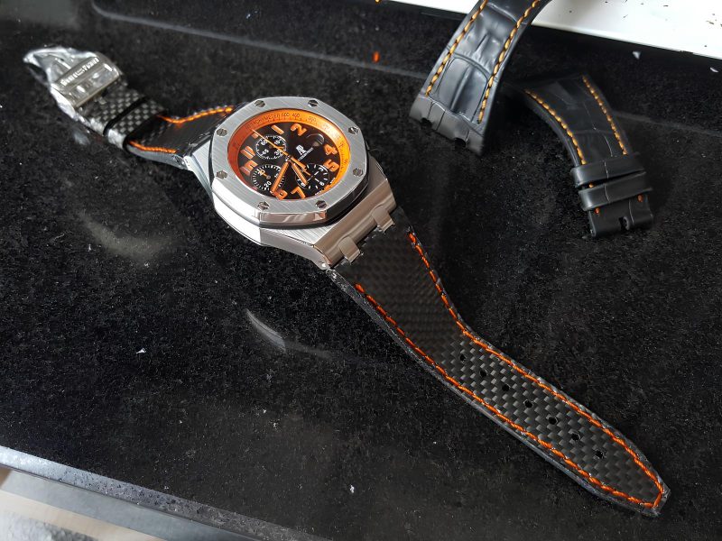 carbon fiber strap with orange stitch on Audemars Piguet by Gunny Straps