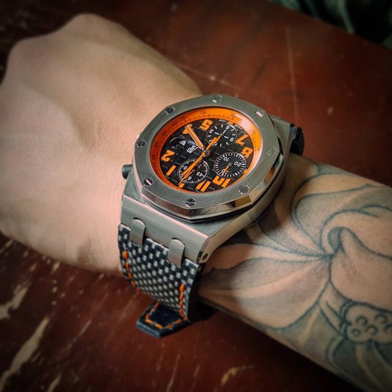 carbon fiber strap with orange stitch on Audemars Piguet by Gunny Straps