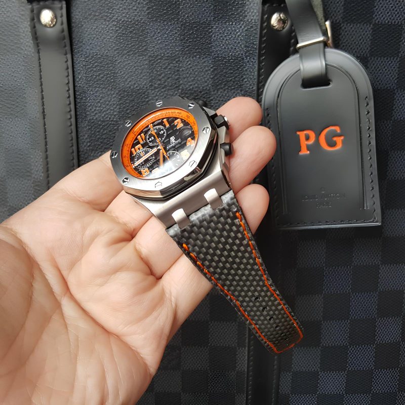 carbon fiber strap with orange stitch on Audemars Piguet by Gunny Straps