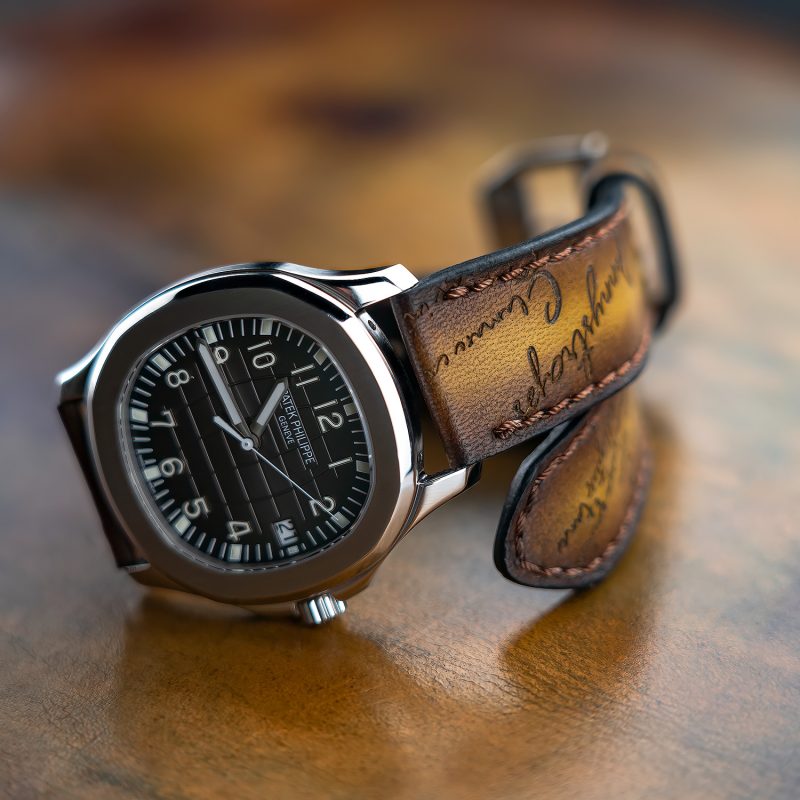 Brown Patina Scritto Leather Strap on Patek Philippe Aquanaut by Gunny Straps