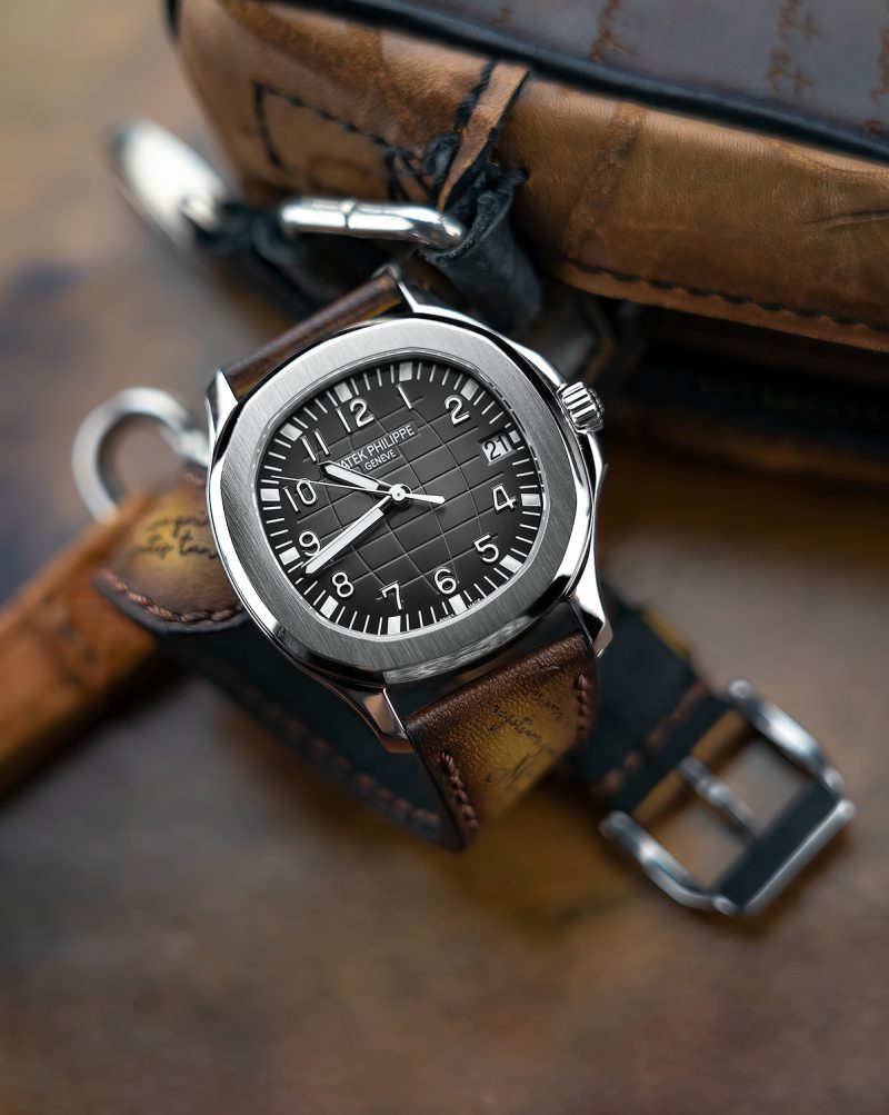 Brown Patina Scritto Leather Strap on Patek Philippe Aquanaut by Gunny Straps