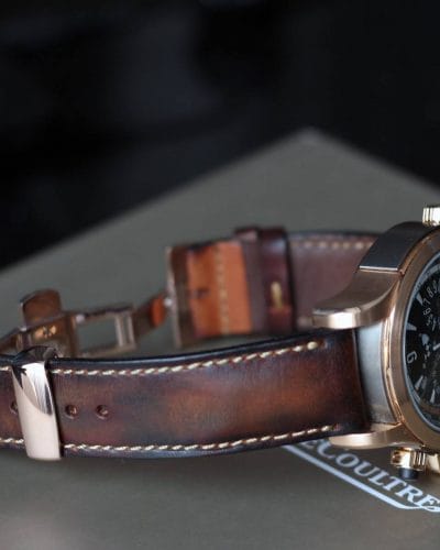 Artdeco1 vintage classy reddish brown leather strap by gunny straps shown on jaeger le coultre JLC and also for other wristwatch like rolex omega tag heuer patek philipe iwc breitling watch bands