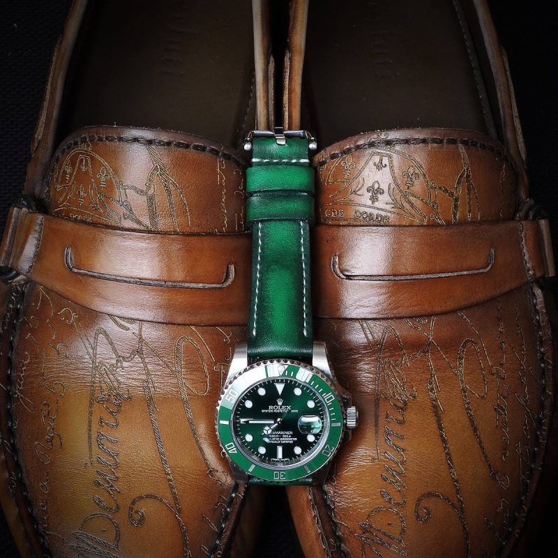 Deep Green Leather Strap on Rolex GMT Master II Hulk By Gunny Straps