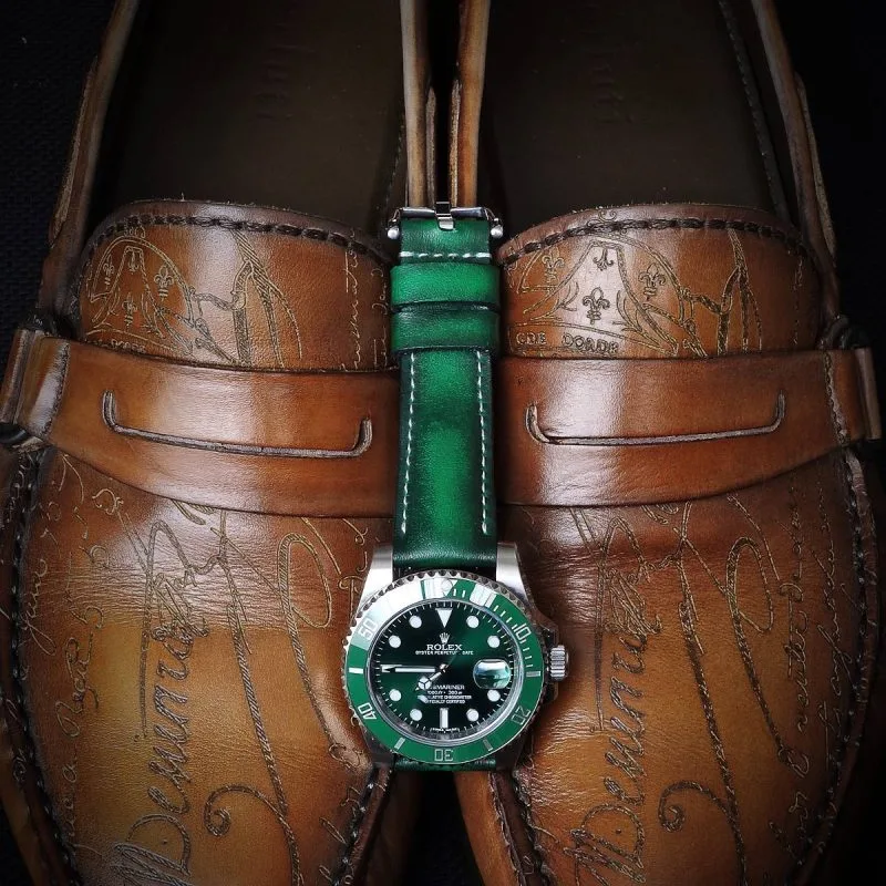 Deep Green Leather Strap on Rolex GMT Master II Hulk By Gunny Straps