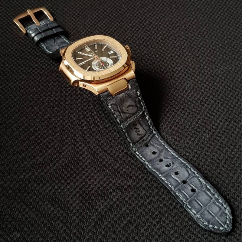 Grey Croco Strap with Scritto on Patek Nautilus by Gunny Straps