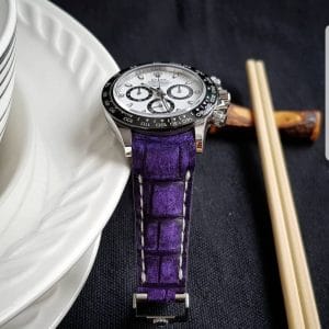 Purple Nubuck Crocodile strap by Gunny Straps shown on Rolex Daytona ceramic 116500ln with curved ends to replace endlink and you can request for straight ends leather strap.