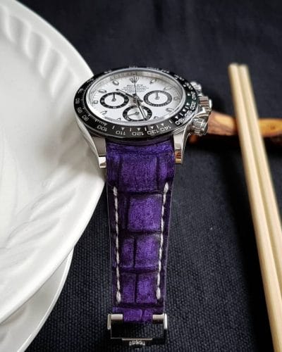 Purple Nubuck Crocodile strap by Gunny Straps shown on Rolex Daytona ceramic 116500ln with curved ends to replace endlink and you can request for straight ends leather strap.