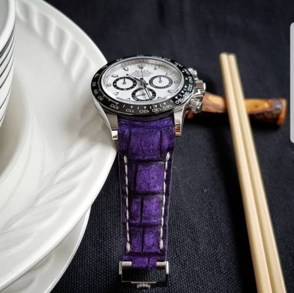 Purple Nubuck Crocodile strap by Gunny Straps shown on Rolex Daytona ceramic 116500ln with curved ends to replace endlink and you can request for straight ends leather strap.