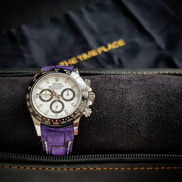 Purple Nubuck Crocodile strap by Gunny Straps shown on Rolex Daytona ceramic 116500ln with curved ends to replace endlink and you can request for straight ends leather strap.