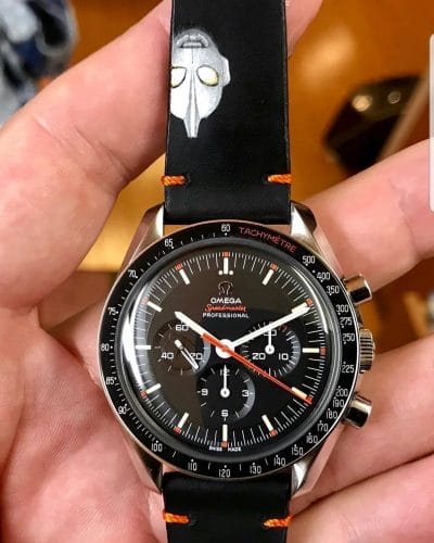 raman strap from gunny straps made for Omega speedmaster ultraman vintage handmade black leather with real handpaintings of ultraman face and you can ask me to paint anything on it.