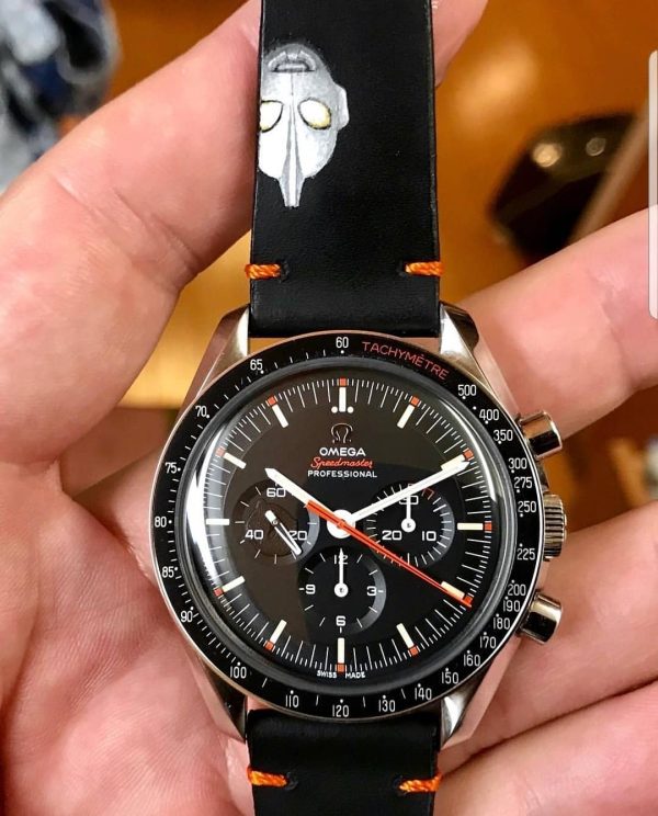 raman strap from gunny straps made for Omega speedmaster ultraman vintage handmade black leather with real handpaintings of ultraman face and you can ask me to paint anything on it.