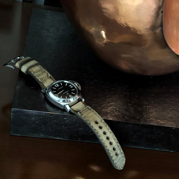 Caitlin 10 serie the best classic historical strap by Gunny Straps official online store in vintage ivory color shown on Luminor Panerai PAM 000 paneristi patek hublot audemars rolex omega tudor iwc jlc tag heuer breguet breitling avengers