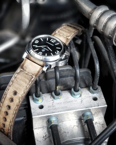 Caitlin 10 serie the best classic historical strap by Gunny Straps official online store in vintage ivory color shown on Luminor Panerai PAM 000 paneristi patek hublot audemars rolex omega tudor iwc jlc tag heuer breguet breitling avengers