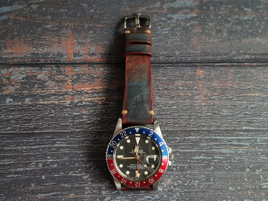 Gurney 2nd serie - Gurney 2 blue red minimalist strap shown on rolex pepsi gmt master vintage style by gunny straps official handmade leather strap