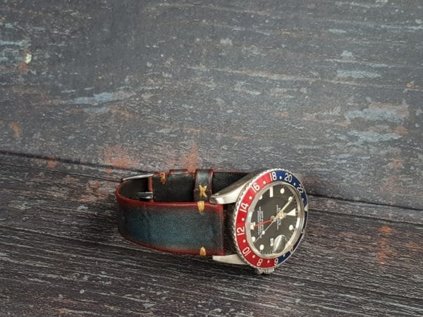 Gurney 2nd serie - Gurney 2 blue red minimalist strap shown on rolex pepsi gmt master vintage style by gunny straps official handmade leather strap