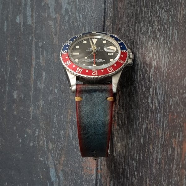 Gurney 2nd serie - Gurney 2 blue red minimalist strap shown on rolex pepsi gmt master vintage style by gunny straps official handmade leather strap