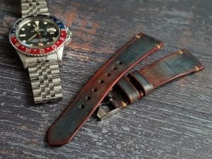 Gurney 2nd serie - Gurney 2 blue red minimalist strap shown on rolex pepsi gmt master vintage style by gunny straps official handmade leather strap