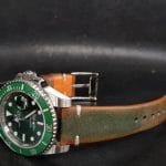 Gurney 3rd serie - Gurney 3 green orange minimalist strap shown on rolex hulk kermit submariner vintage style by gunny straps official handmade leather strap