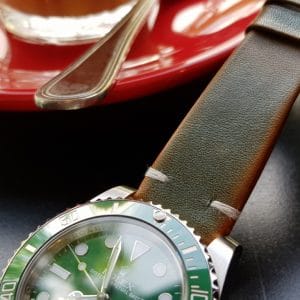 Gurney 3rd serie - Gurney 3 green orange minimalist strap shown on rolex hulk kermit submariner vintage style by gunny straps official handmade leather strap