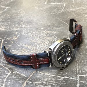King Cross 1 perfect leather strap by Gunny Straps official online store in vintage blue and red color shown on Luminor Panerai Submersible patek hublot audemars rolex omega tudor iwc jlc