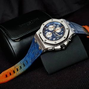 perfect leather strap called Two tone blue orange strap with scritto by Gunny Straps shown on Audemars Piguet Royal Oak Offshore