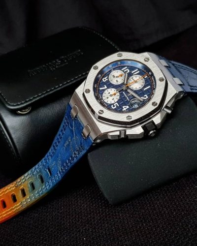 perfect leather strap called Two tone blue orange strap with scritto by Gunny Straps shown on Audemars Piguet Royal Oak Offshore