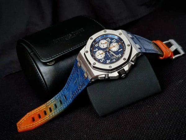 perfect leather strap called Two tone blue orange strap with scritto by Gunny Straps shown on Audemars Piguet Royal Oak Offshore