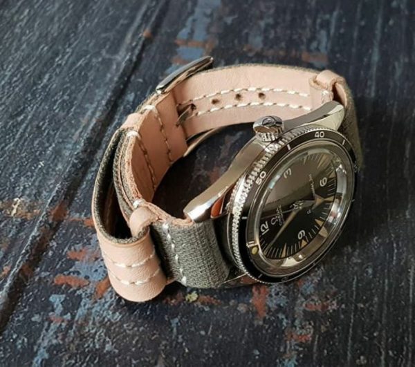 Nato Spectre 1 - omega strap with Spectre combination of canvas and leather NATO strap style by gunny straps shown on omega seamaster speedmaster trilogy