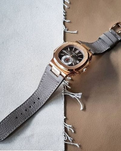 Pebble stone grey - Pebble grey with elegant textured gray strap by gunny straps official online store shown on patek philippe nautilus 5980 aquanaut (virgil abloh use patek watch)
