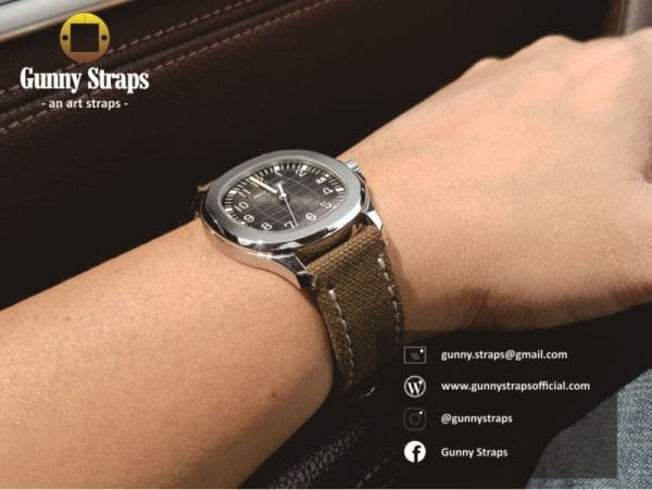 canvas khaki color with velcro closure strap for patek philippe aquanaut and ony other watch brands like panerai rolex audemars hublot from gunny straps official online store