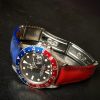Suede bi color red and blue strap by Gunny Straps official online store shown on rolex pepsi gmt master