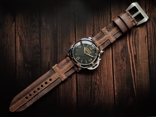 special and perfect panerai leather strap created by gunny straps called king cross 2 shown on pam372 luxury watch with vintage brown style