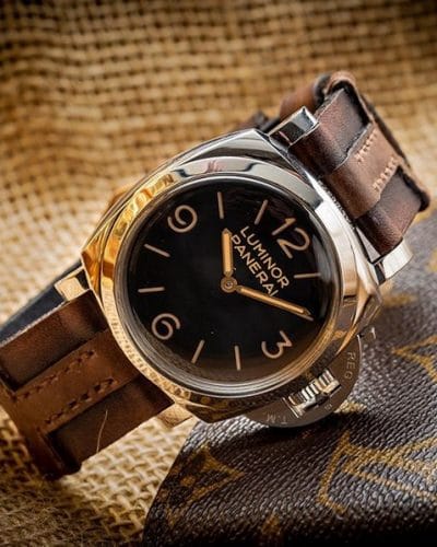 special and perfect panerai leather strap created by gunny straps called king cross 2 shown on pam372 luxury watch with vintage brown style