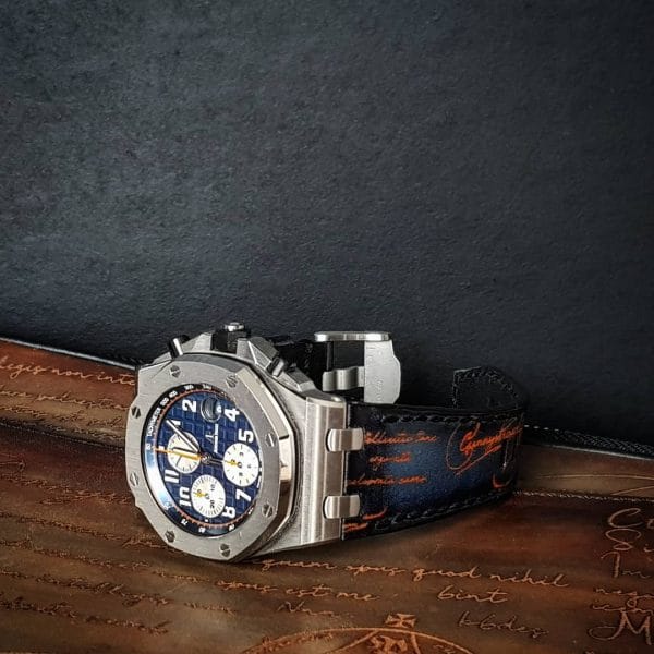 AP Dark Blue Patina with Orange Scritto gunnystraps