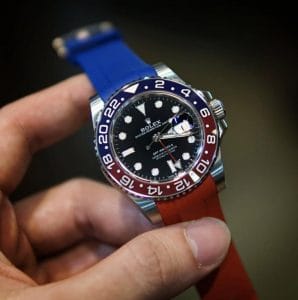 Suede bi color red and blue strap by Gunny Straps official online store shown on rolex pepsi gmt master