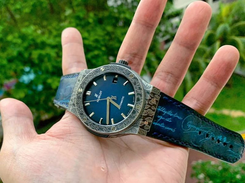 Blue patina with cyan scritto strap on Hublot Classic Fusion by Gunny Straps