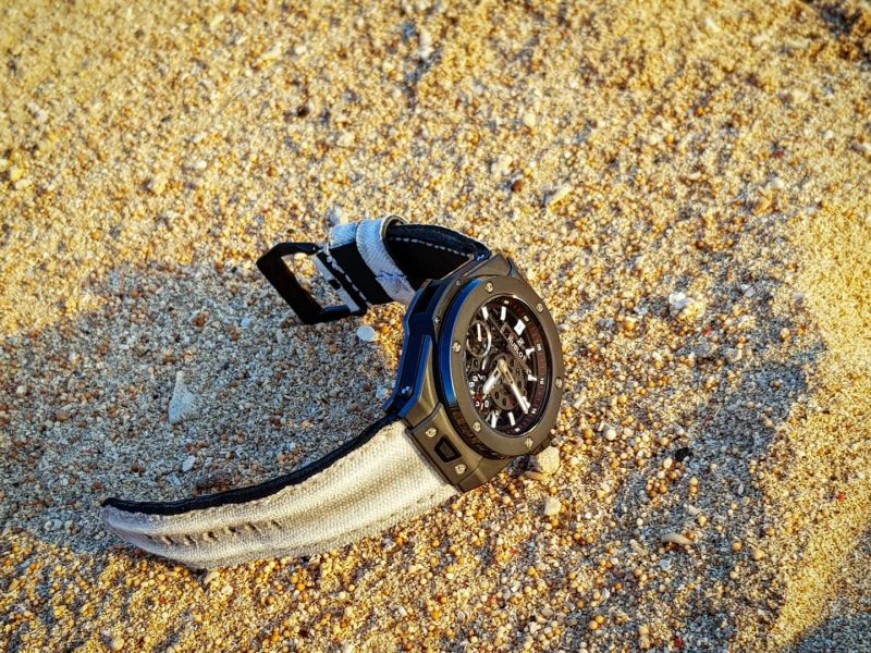 Double Muscular Vintage White Canvas Strap on Hublot by Gunny Straps