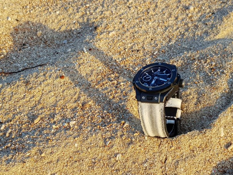 Double Muscular Vintage White Canvas Strap on Hublot by Gunny Straps