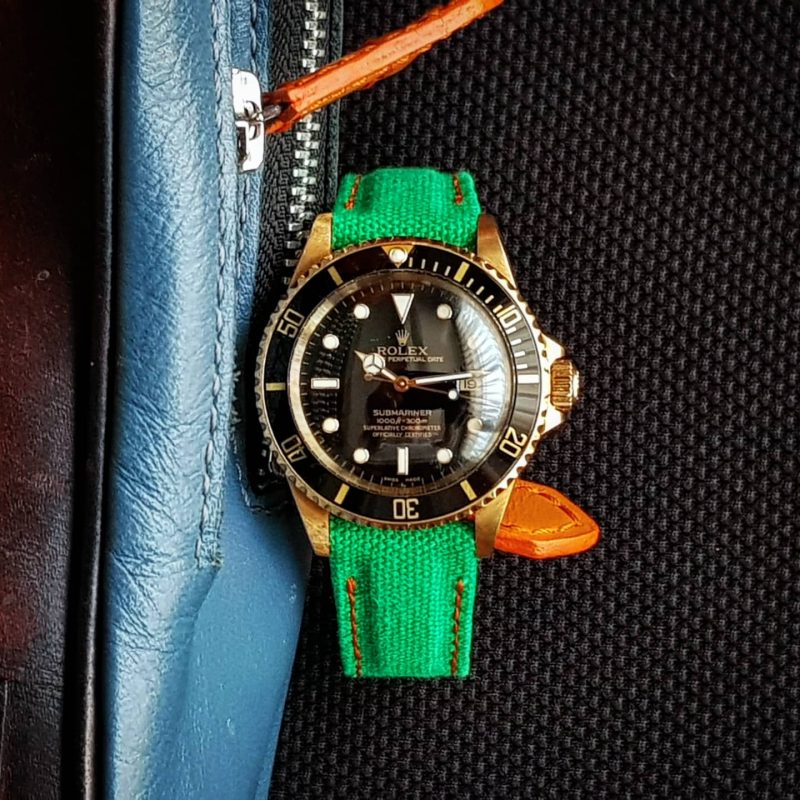 Green Canvas Hook & Loop with Orange Stitch Exreme Padded Strap For Rolex by Gunny Straps