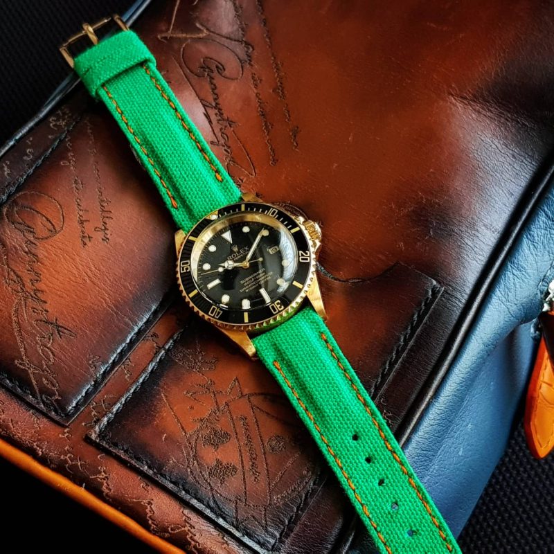 Green Canvas Hook & Loop with Orange Stitch Exreme Padded Strap For Rolex by Gunny Straps