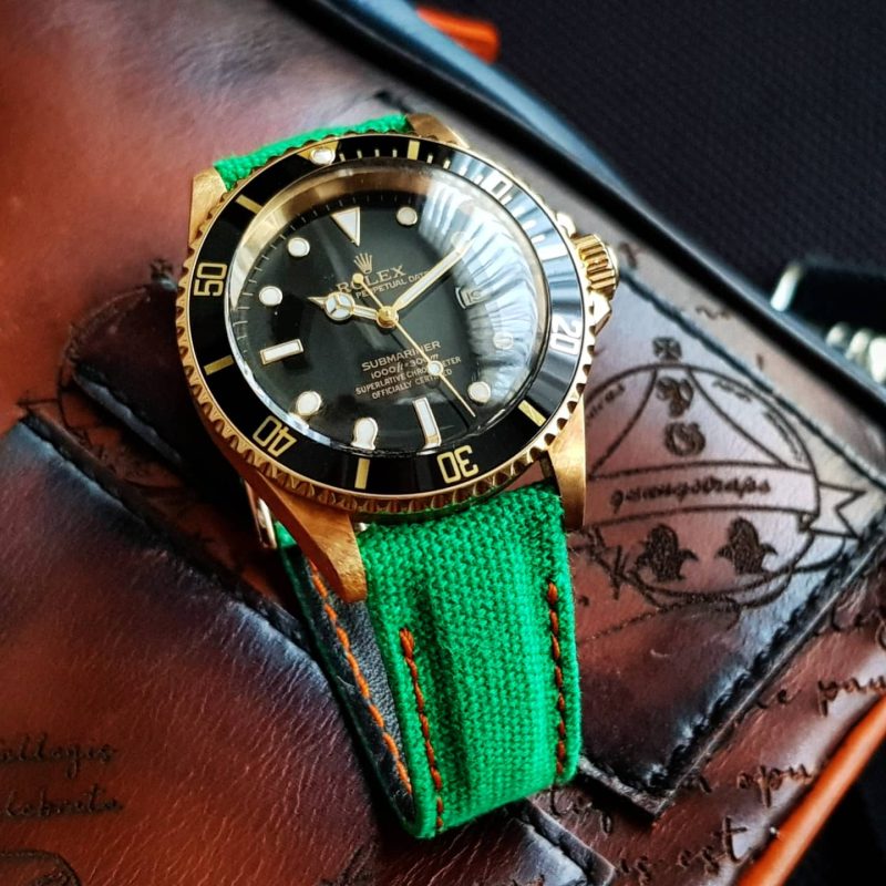 Green Canvas Hook & Loop with Orange Stitch Exreme Padded Strap For Rolex by Gunny Straps