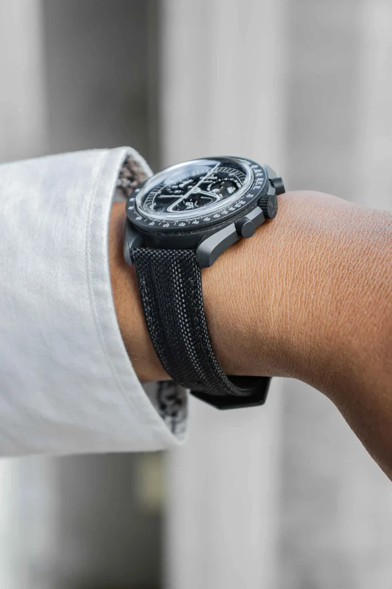 Black Kevlar Strap on Omega Moonswatch by Gunny Straps