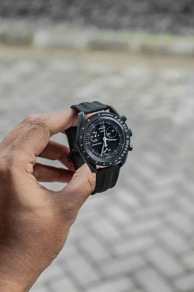Black Kevlar Strap on Omega Moonswatch by Gunny Straps