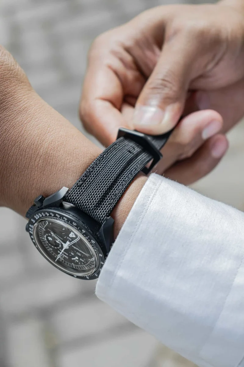 Black Kevlar Strap on Omega Moonswatch by Gunny Straps
