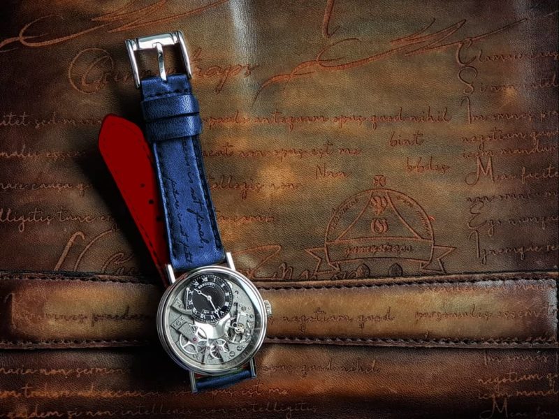 Blue Patina Scritto Strap on Breguet La Tradition by Gunny Straps