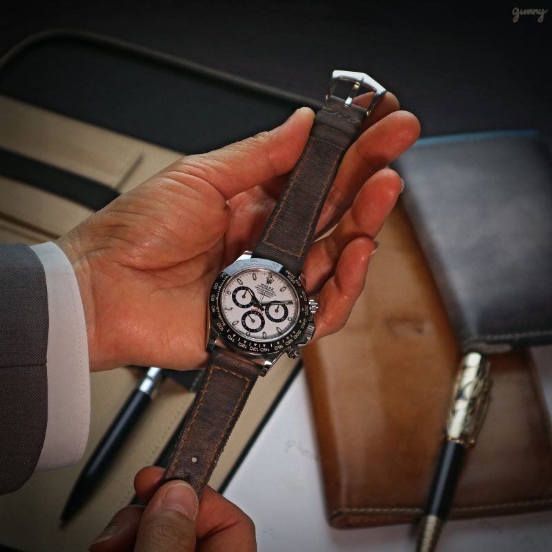 Mission Possible 3 leather strap on Rolex Daytona Panda by Gunny Straps