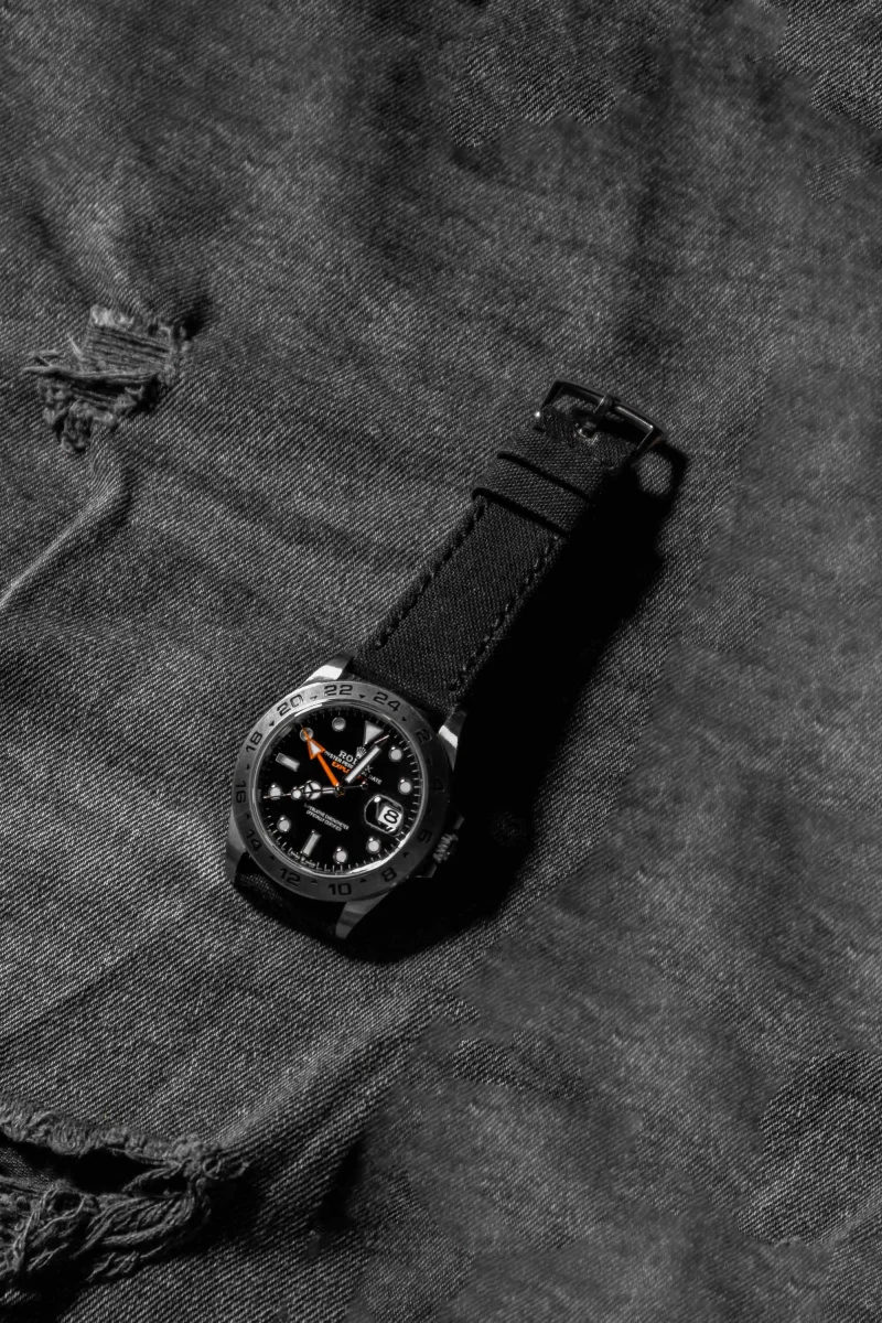 Black Canvas Strap on Rolex Explorer II by Gunny Straps